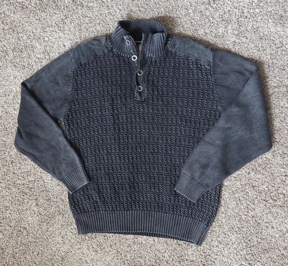 F/X Fusion Other - F/X Fusion Men's Quarter Button Knit Sweater Mock Neck Shoulder Patches Sz L